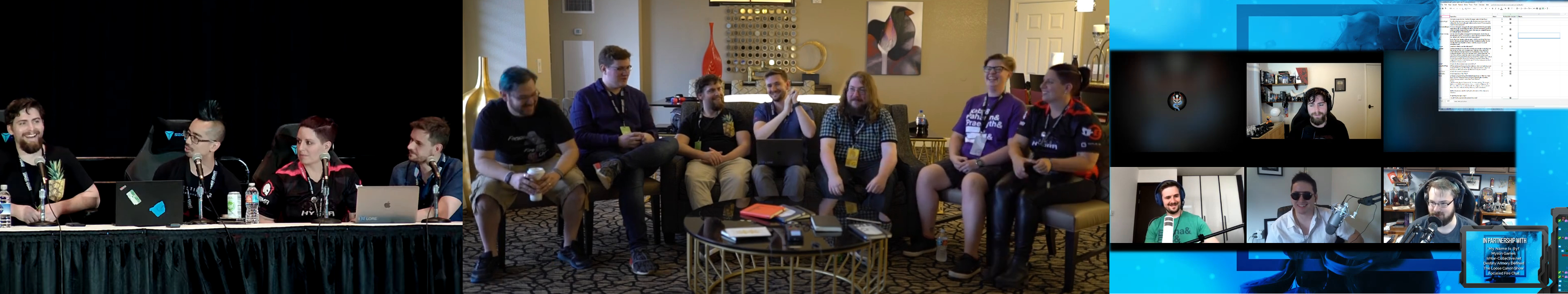 A combination of three screenshots. The first is from the 2019 Lore Panel at GuardianCon, showing Myelin Games, Jonathan To, GrnEyedMusikLvr, and baxter. The second is from the post-lore panel discussion in 2019 featuring BlueCrew86, MyNameIsByf, Myelin Games, baxter, BeardGrizzly, Purple Chimera and GrnEyedMusikLvr. The third is from an episode of Quarterly Lore Review, featuring Ryno, Myelin Games, baxter, AnonPig and BlueCrew86.